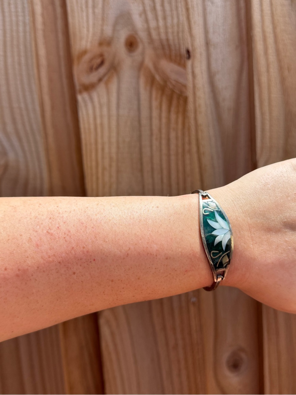 Handcrafted Silver Green Enamel/Mother of Pearl Floral Cuff Bracelet